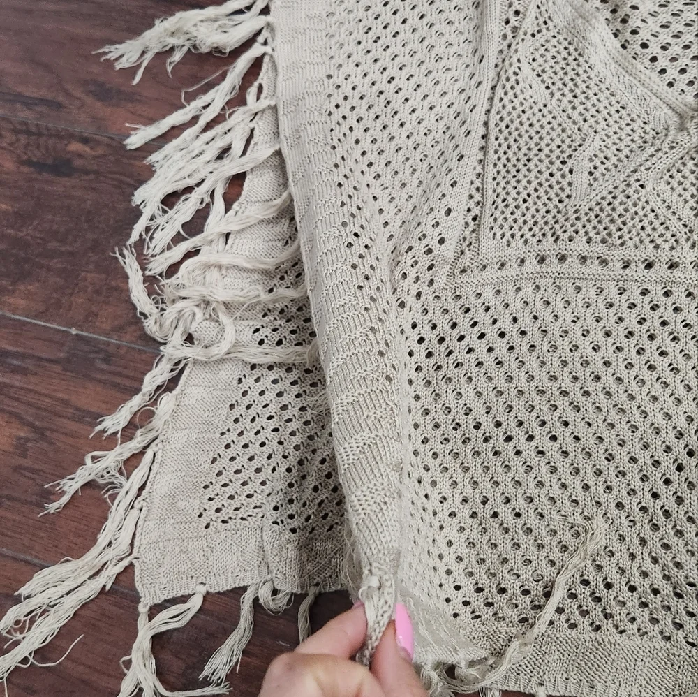 Boho Knit Crochet Poncho Fringe Sweater XL - Picture 7 of 11